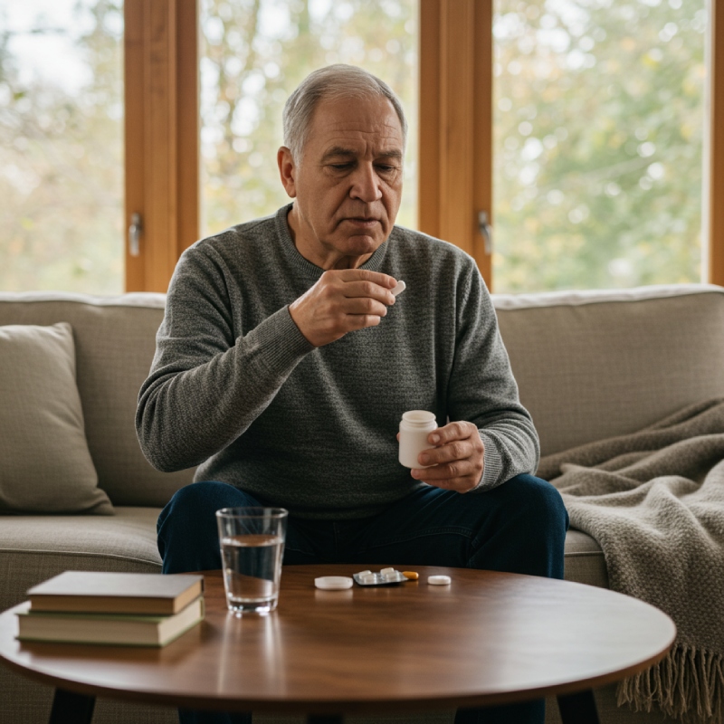 An older adult in a gray sweater sits on a couch, engaging in medication therapy management while holding a pill and a bottle. A glass of water, books, and a small container are neatly arranged on the wooden table. Sunlight gently filters through the windows, illuminating the peaceful setting.