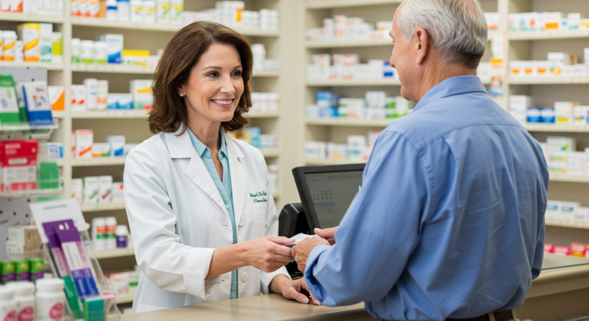 A female pharmacist in a white coat smiles while handing a prescription to an older male customer, illustrating the heart of pharmacy revenue cycle management. They stand at a pharmacy counter with shelves of medications in the background.