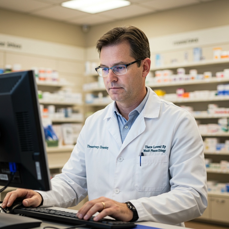 A pharmacist in a white coat focuses on a computer, seamlessly managing pharmacy revenue cycle processes. Shelves filled with various medications and supplies line the orderly, professional backdrop.