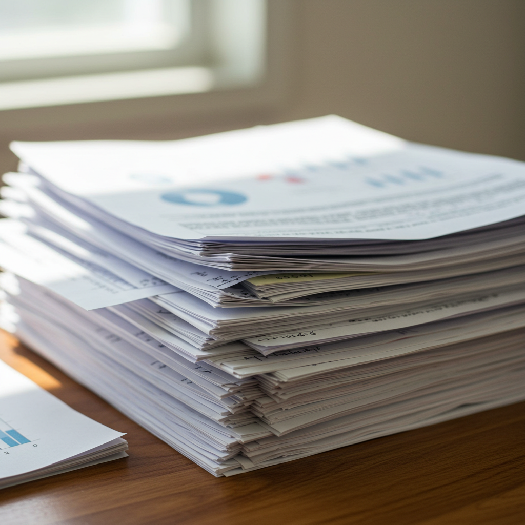 A stack of printed documents and reports on Medication Therapy Management, complete with charts and graphs, rests on a wooden desk. The scene is beautifully illuminated by natural sunlight streaming through a nearby window.