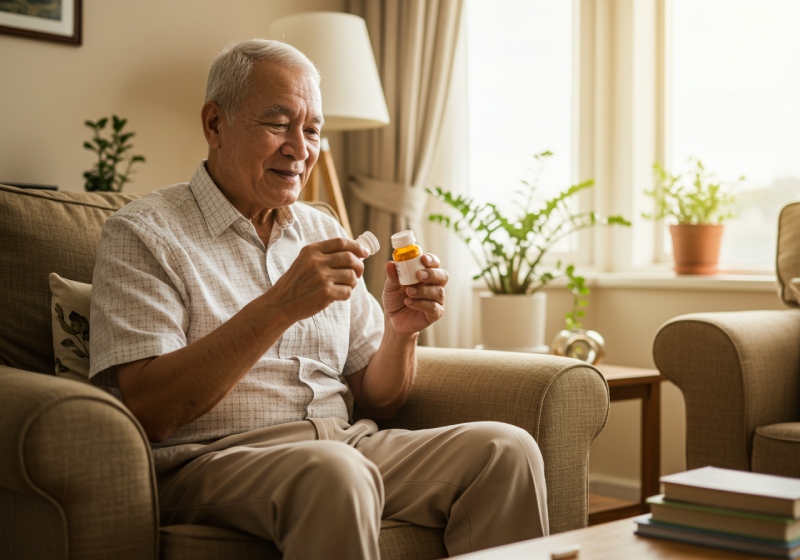 An elderly man sits on a couch in his well-lit living room, smiling at a small pill bottle in his hand. Embraced by books on the table and potted plants by the window, he appreciates the benefits of medication therapy management.