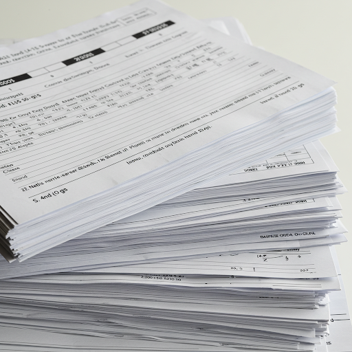 A large stack of papers, mostly forms related to pharmacy revenue cycle management, is piled neatly on a light-colored surface. The papers have multiple lines and sections filled out with text, suggesting they are official documents or reports.