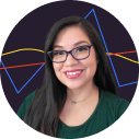 A woman with long dark hair and glasses smiles at the camera. She is wearing a green shirt and a necklace. The background features colorful, wavy lines on a dark backdrop.