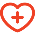 Red heart outline with a plus sign in the center, symbolizing health or medical care.