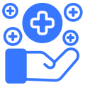 An icon of an open hand with a large medical cross symbol above it and three smaller crosses surrounding it, all in blue.