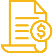 Icon of a yellow document with horizontal lines and a dollar symbol on a circular badge at the bottom right corner, symbolizing financial documents or billing.