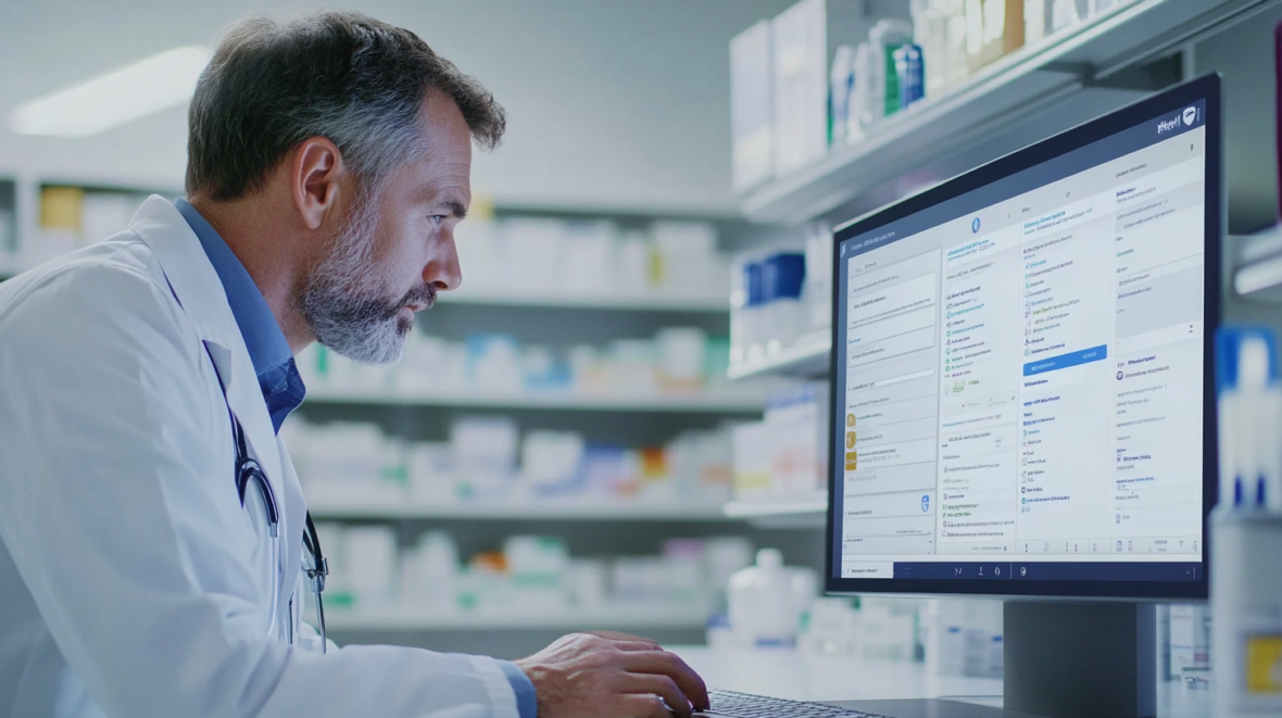 A male doctor in a white coat is seated at a desk, looking intently at a computer screen displaying medical information. Shelves with medical supplies are blurred in the background.