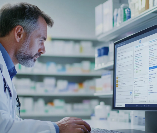 A pharmacist in a white coat uses a desktop computer in a pharmacy. Shelves filled with medicine bottles and boxes are in the background. The screen displays medical information, emphasizing a focus on healthcare and technology.