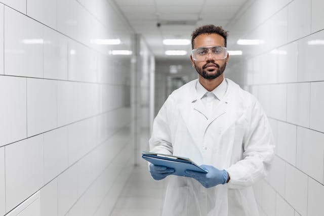 A scientist wearing safety goggles, a white lab coat, and blue gloves holds a clipboard while standing in a white, tiled laboratory hallway.