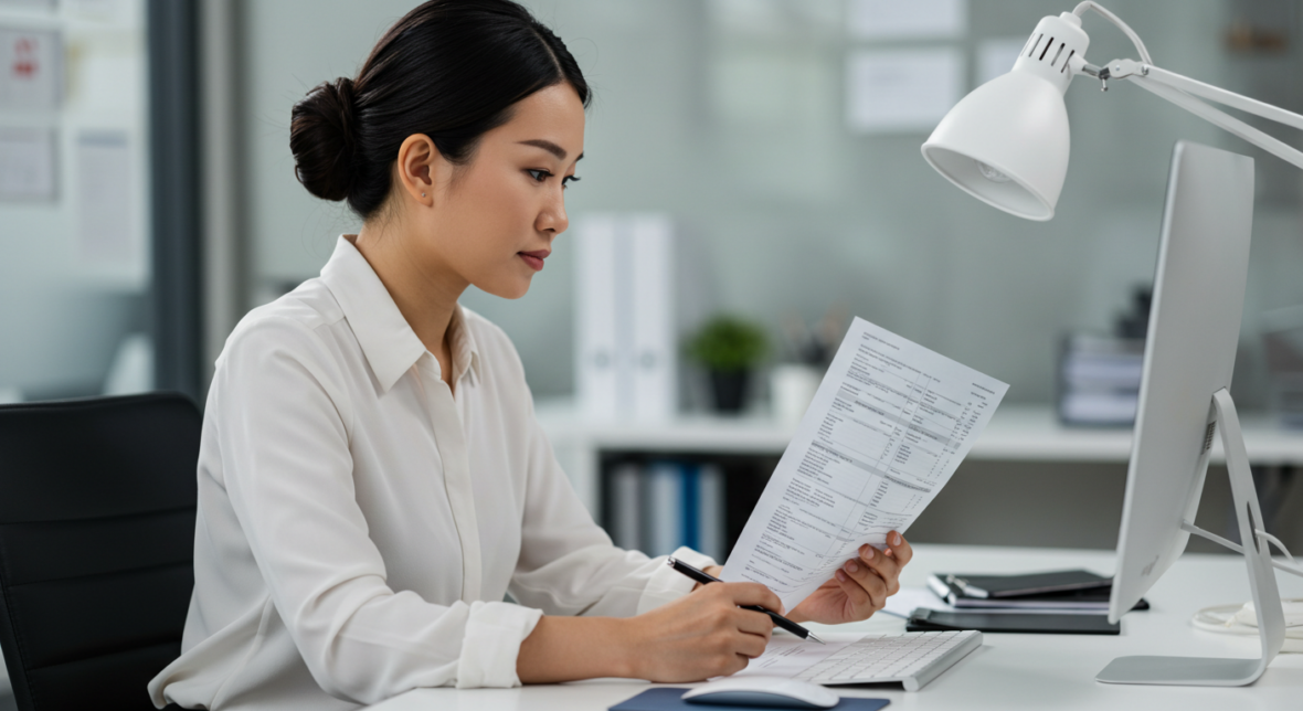 A person with dark hair in a bun is seated at a desk, looking at a document and taking notes. They are wearing a white shirt and are next to a computer and a lamp. The setting appears to be an office.