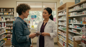 A pharmacist in a white coat discusses medication with a customer in a pharmacy. The customer holds a prescription bag. Shelves filled with various health products are visible in the background.