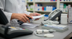 A pharmacist organizes paperwork at a pharmacy counter. Nearby are a card reader, a blood pressure monitor, a bottle of pills, and shelves stocked with various medication packages in the background.