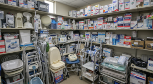 A storage room filled with medical supplies, including boxes of equipment on shelves, walkers, commode chairs, and various medical devices. The room is organized but densely packed with items.