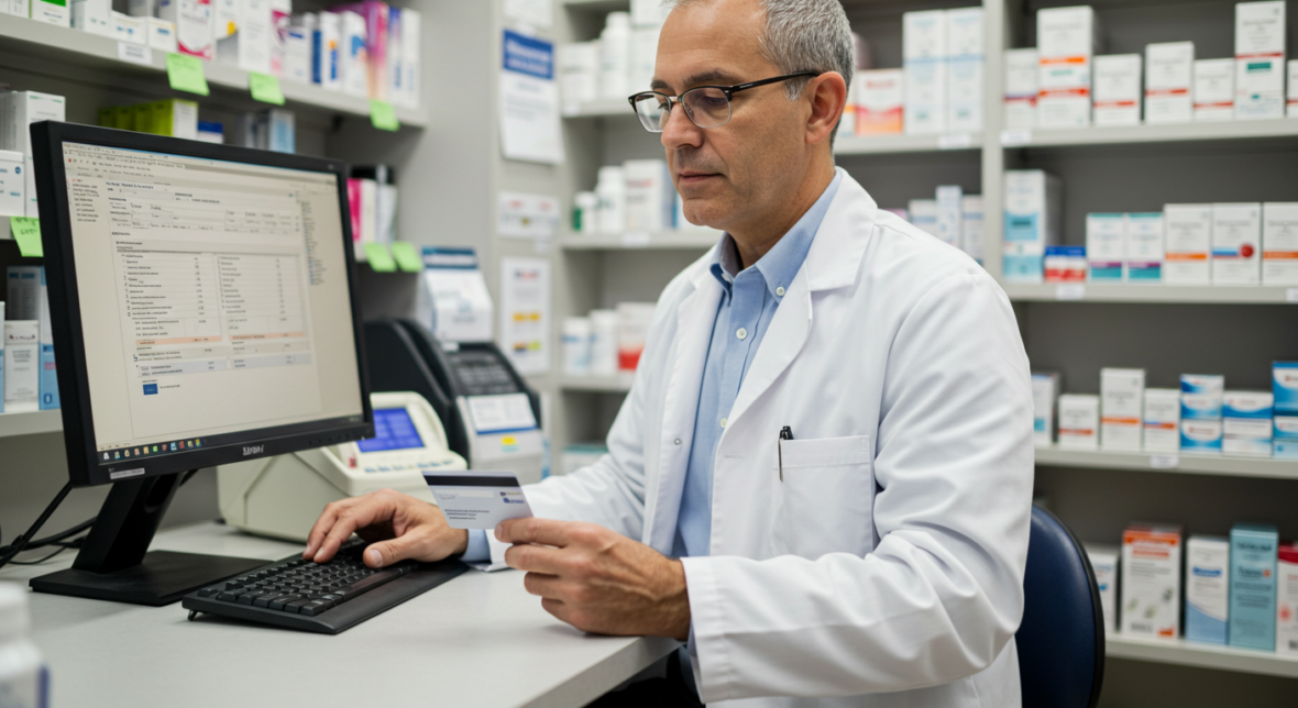 A pharmacist in a white coat is sitting at a desk, holding a card, and working on a computer. Shelves filled with various medication boxes are visible in the background. The setting appears to be a pharmacy.