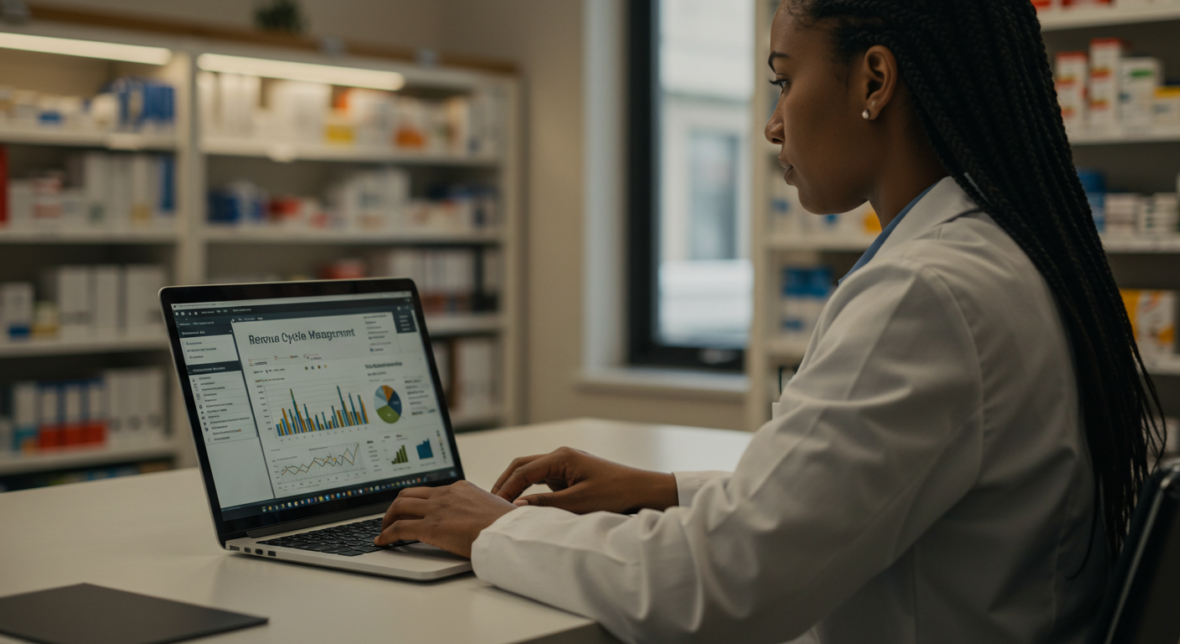 A woman in a lab coat sits at a desk working on a laptop displaying graphs and charts related to revenue cycle management. Shelves with binders and folders fill the background.