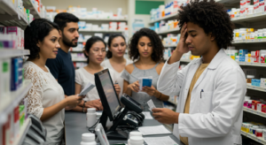 A pharmacist in a white coat looks stressed while holding a prescription, standing at a counter with a point-of-sale system. Five customers are lined up, each holding prescriptions, in a pharmacy filled with shelves of medications.