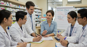 A diverse group of pharmacists in white coats sit around a table in a pharmacy, discussing plans. A woman in casual attire leads the conversation. Behind them, a flip chart displays an "Action Plan" with lists of tasks. Shelves of medicines are visible.