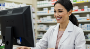 A pharmacist in a white coat sits at a computer in a pharmacy. She is smiling and typing on a keyboard. Shelves filled with medication boxes are visible in the background.