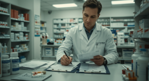 A pharmacist in a white coat reviews documents in a pharmacy. Shelves filled with medication bottles surround him. He's seated at a desk with several clipboards and a pen in hand, focused on his work.