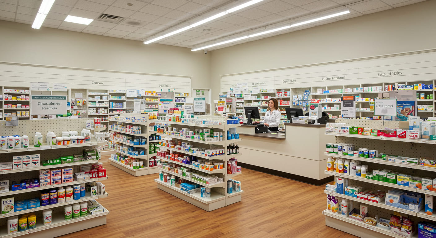 A pharmacy interior with shelves filled with various medications and health products. A pharmacist stands behind the counter, which has a computer and more supplies. The room has bright lighting and wood flooring.