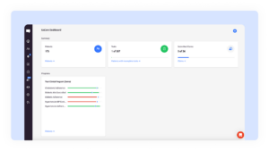 A digital dashboard with a blue header displays patient data, tasks, submitted claims, and program progress. The left sidebar has various icons for navigation, and a red chat button is in the bottom right corner.