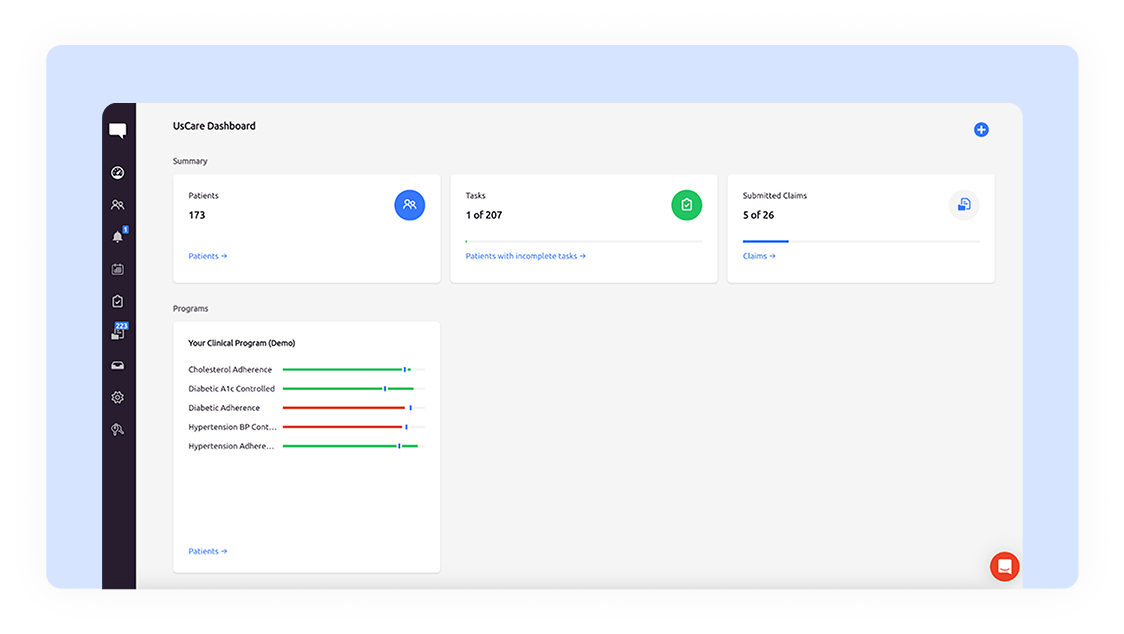 A digital healthcare dashboard showing patient data and tasks. It includes a summary with patient count and tasks, submitted claims section, and a progress chart for clinical programs with various disease conditions. The interface features a blue accent.