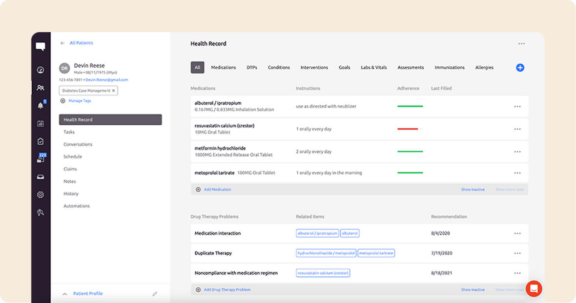 A screenshot of a digital health record interface showing a list of medications with instructions, dosages, and compliance indicators. The sidebar includes navigation options like patients, records, claims, and schedule.