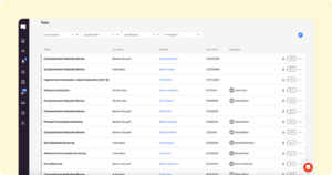 Screenshot of a task management interface showing a list of tasks with details like title, location, patient name, due date, and assignee. The background is yellow, and the interface has filters for location, provider, patient, and progress status.