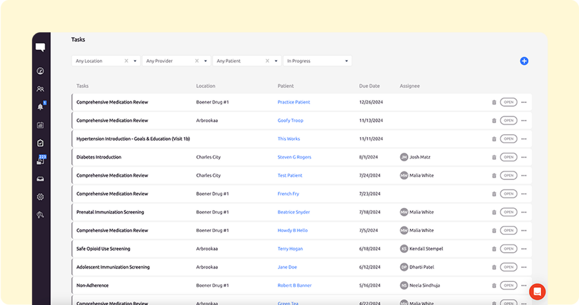 A digital dashboard displays a list of tasks with columns for task name, location, patient, due date, and assignee. Various tasks like medication reviews and immunization screenings are shown. Icons are present next to each task, with a bright yellow background.