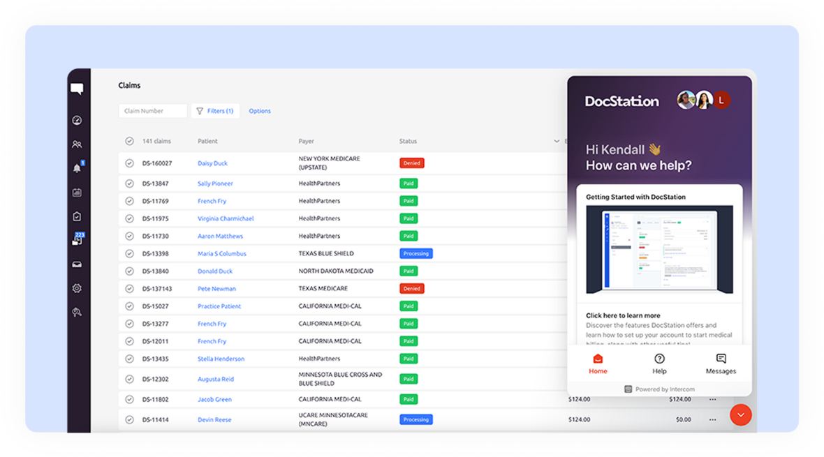 Screenshot of a software interface displaying a claims management panel with a list of claims, statuses, and payers. A sidebar shows a welcome message and help section from DocStation.