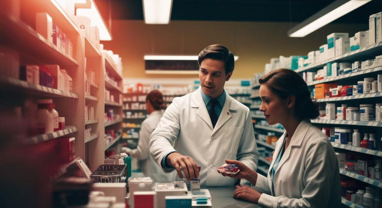 Two pharmacists in white coats stand in a pharmacy aisle, discussing and organizing medication boxes on shelves. The background shows more medicine shelves, and a person is seen stocking in the distance.