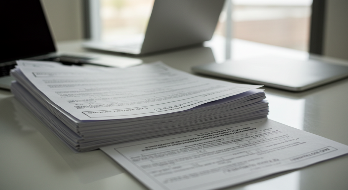 A stack of printed documents lies on a glossy white table next to an open laptop and a closed silver laptop. The soft focus in the background suggests a bright, well-lit office environment.