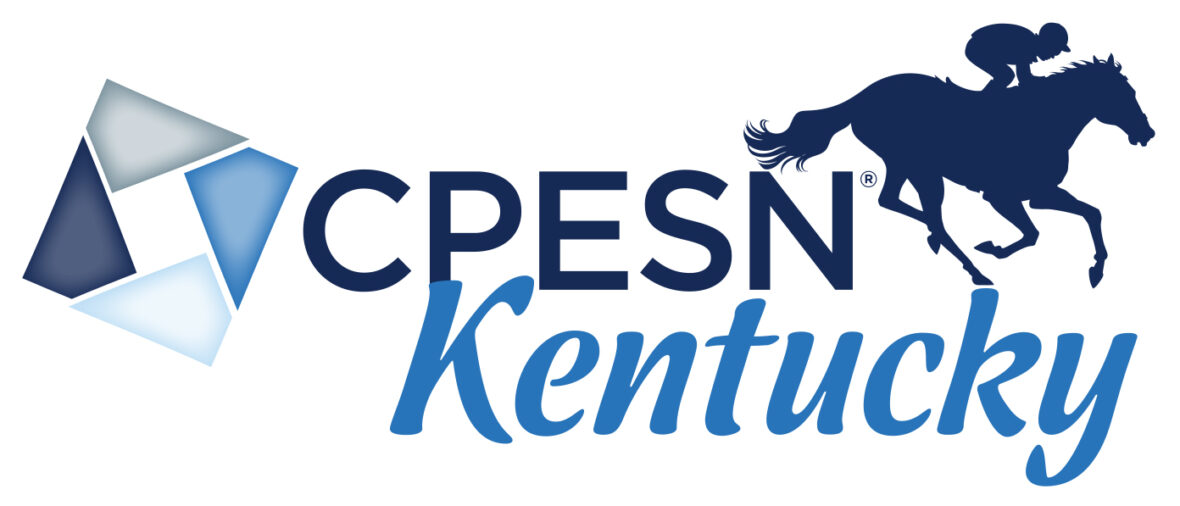 Logo for CPESN Kentucky featuring a geometric shape on the left and a silhouette of a jockey riding a horse above the word “Kentucky” in script font.