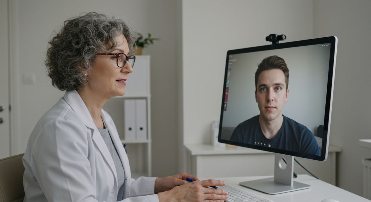 A female doctor with gray curly hair consults with a young man via video call on a computer in a modern office. The doctor types on a keyboard while looking at the screen showing the patient's face.