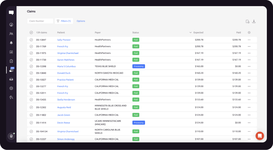 A dashboard displays a table of insurance claims with columns for claim number, patient name, payer, status, and expected amount. Some statuses are green “Paid,” while others are blue “Processing.”.