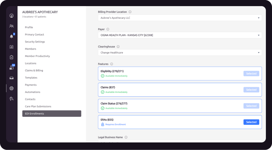 A medical billing software interface shows EDI enrollment options, with features like Eligibility, Claims, Claim Status, and ERAs listed. Each feature shows availability and selection status. A left sidebar contains navigation options.