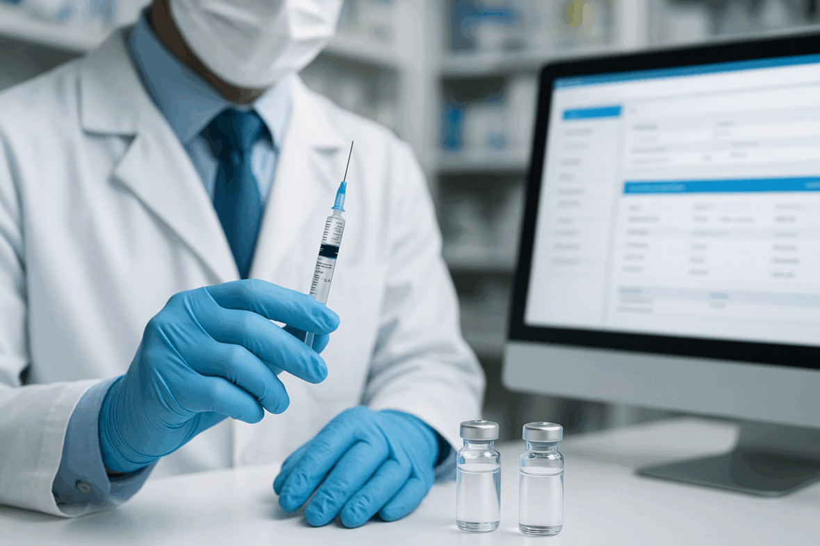 A doctor wearing a mask and blue gloves holds a syringe near two vials, with a computer displaying medical data in the background.