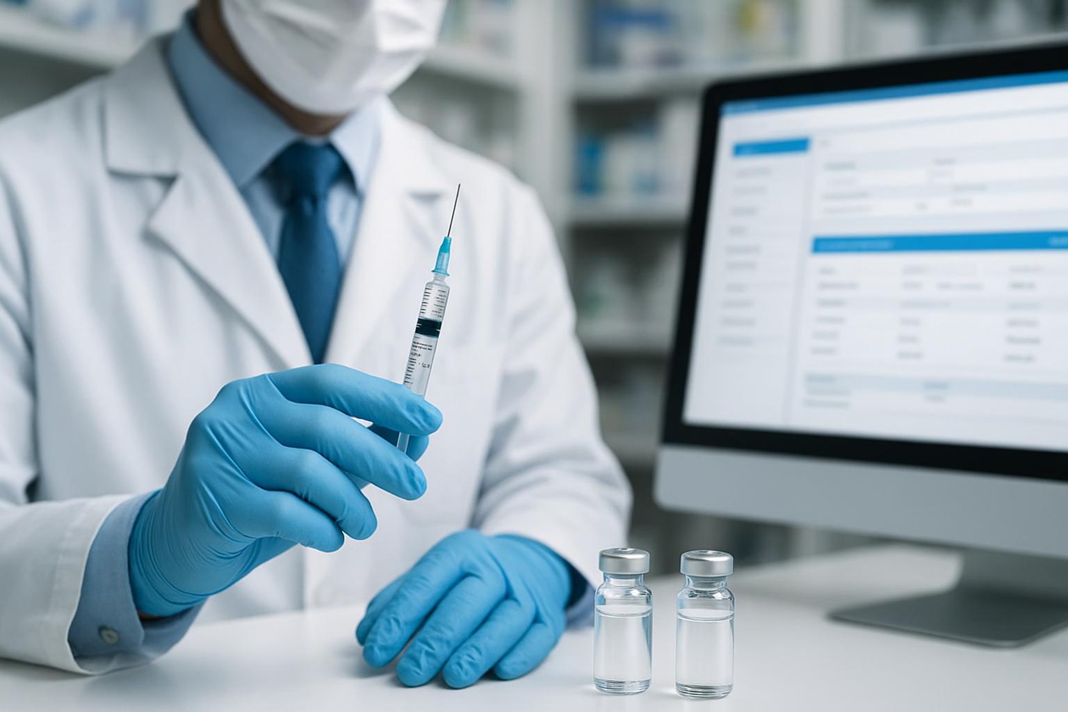 A doctor wearing a mask and blue gloves holds a syringe near two vials, with a computer displaying medical data in the background.