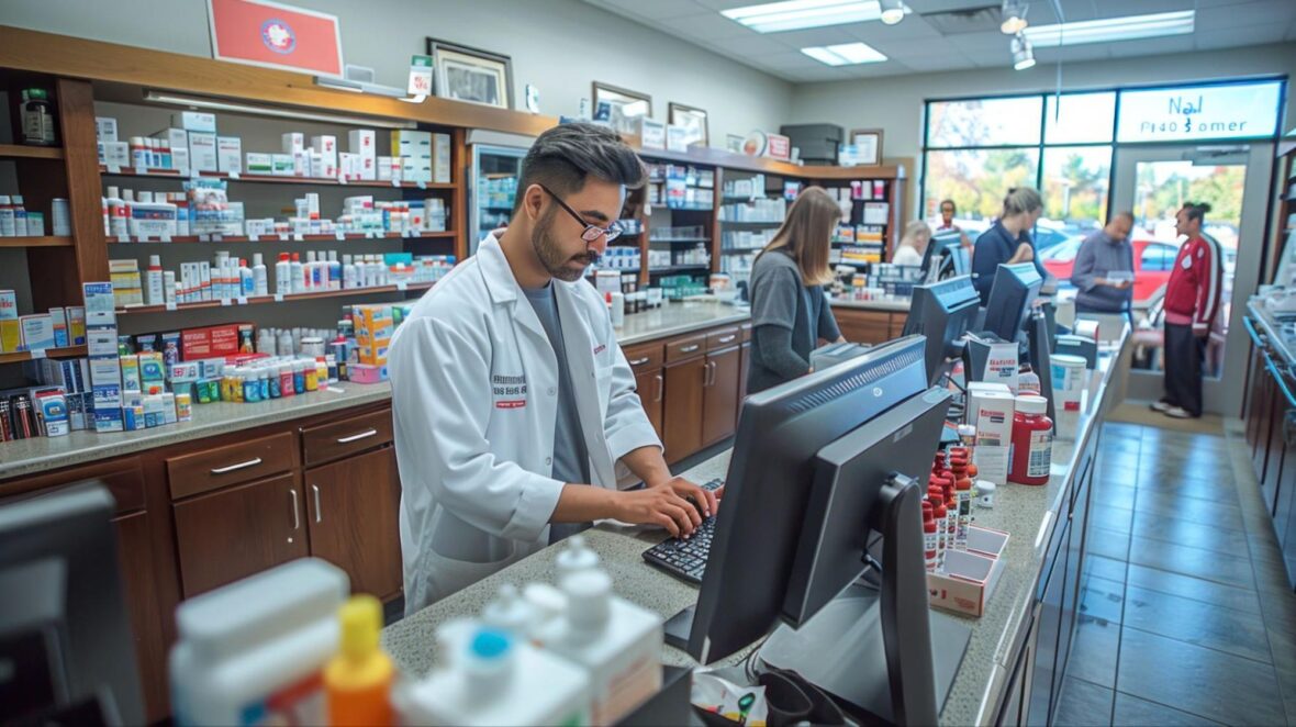 A pharmacist in a white coat works at a computer behind a pharmacy counter, with shelves of medicines and products in the background and several customers waiting in line.