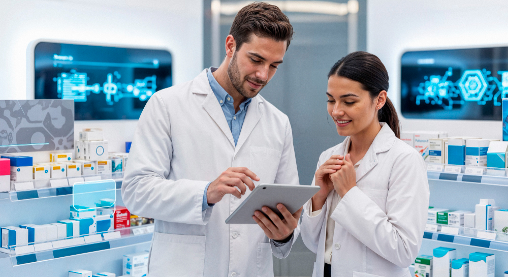 Two pharmacists in white lab coats stand in a modern pharmacy, looking at a digital tablet together and smiling. Shelves with medicine boxes and digital screens are visible in the background.