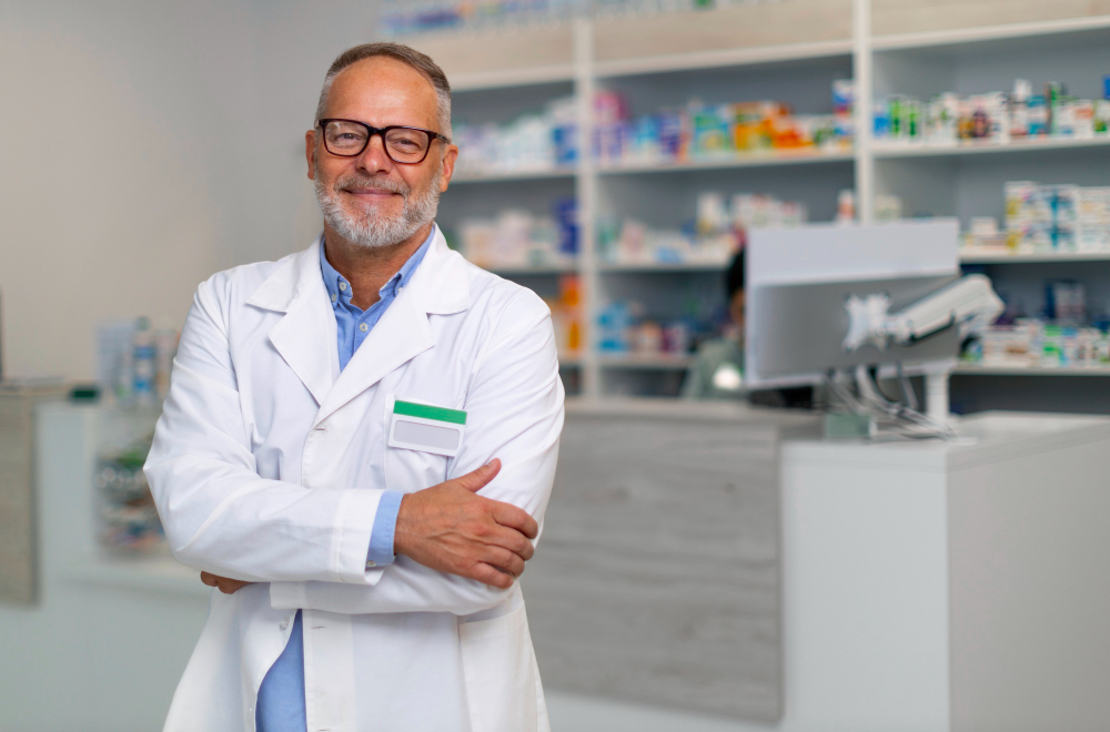 A smiling pharmacist with glasses and a beard stands with arms crossed in a white coat in front of pharmacy shelves filled with various medications and products.