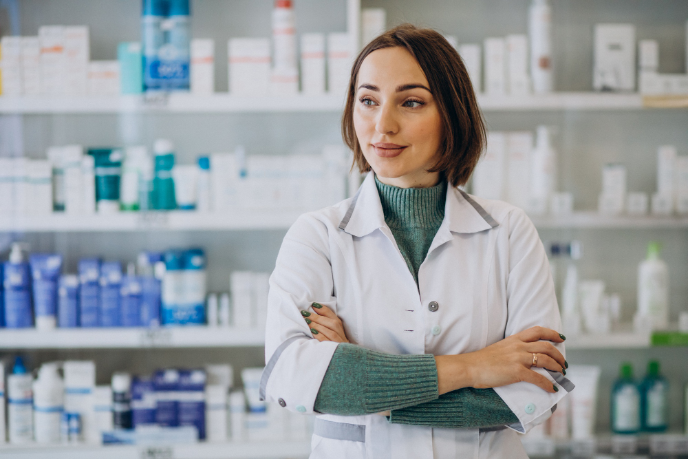 A female pharmacist wearing a white lab coat and green sweater stands with arms crossed, smiling confidently in front of shelves filled with medicines and health products in a pharmacy.