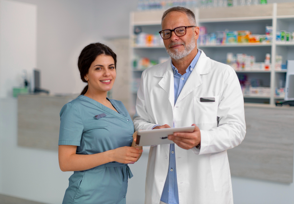 A female nurse and a male doctor stand together in a pharmacy or medical clinic. The doctor holds a tablet, and both are smiling at the camera. Shelves with medications are visible in the background.