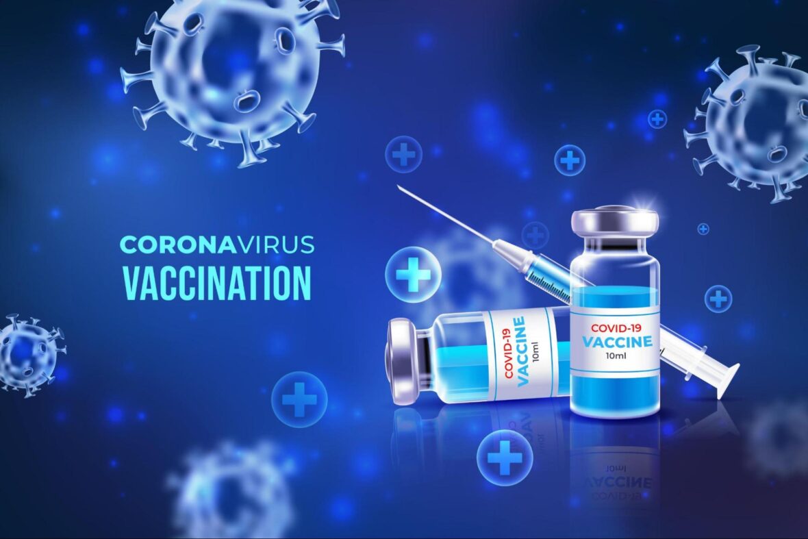 Illustration of COVID-19 vaccine vials and a syringe on a blue background with virus particles and medical crosses, accompanied by the text "CORONAVIRUS VACCINATION.